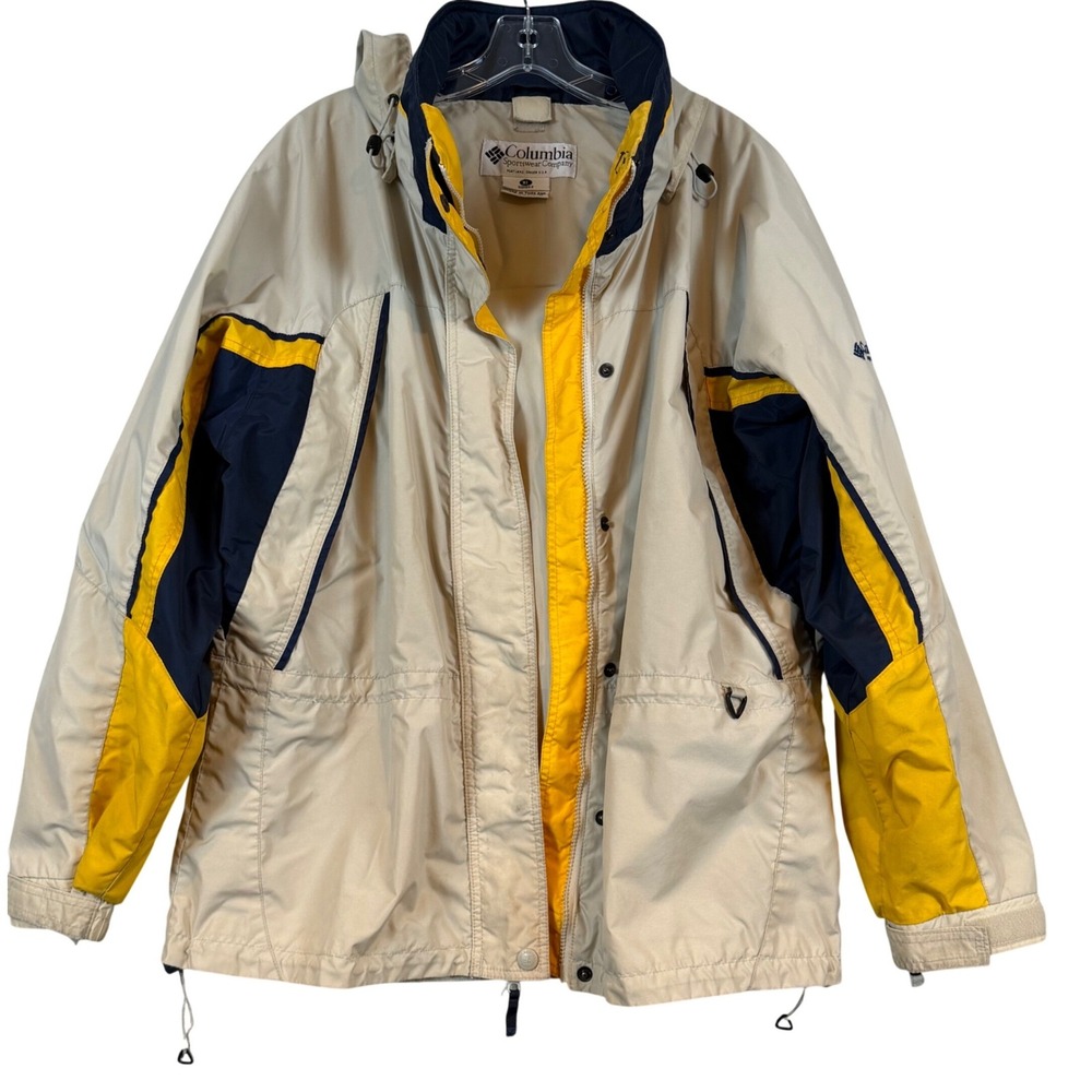 VTG Columbia Sportswear Womens XL Colorblock Hooded Parka Jacket Beige Yellow‎